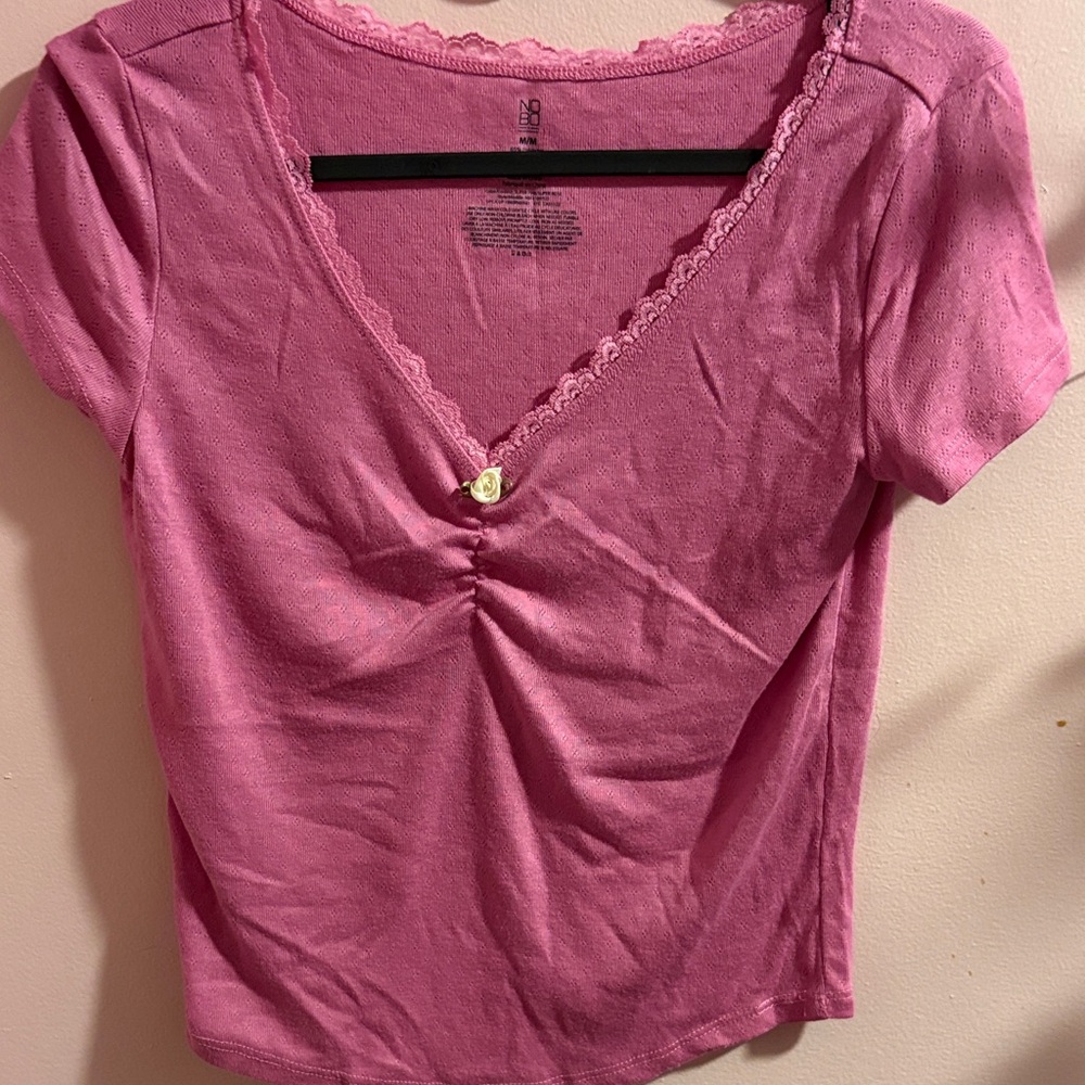 No Boundaries Pink V-Neck Lace Tee
